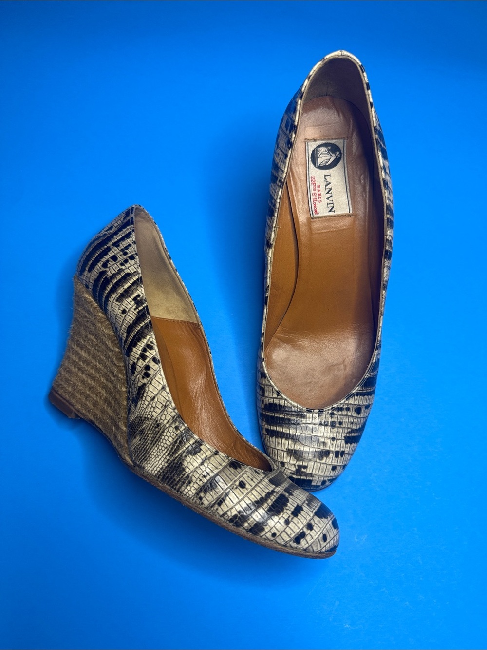 Lanvin Black and Cream Patterned Wedge Pumps